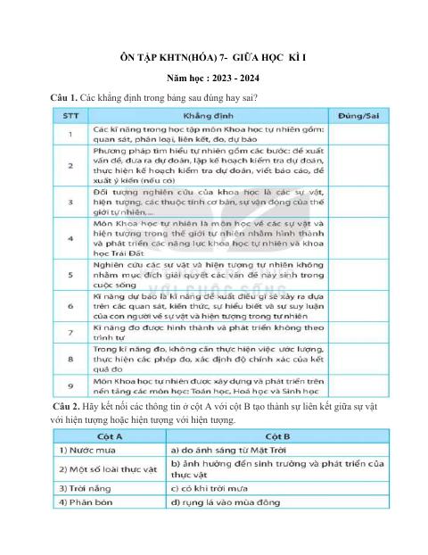 Đề cương ôn tập Giữa kì 1 KHTN 7 năm 2023–2024 trường THCS Đồng Nguyên (Bắc Ninh)